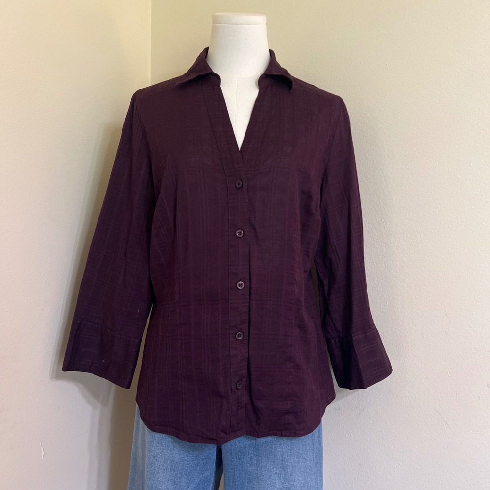 Ann Taylor Petite Plum Purple Plaid Button Front Blouse 3/4 Sleeve 14P